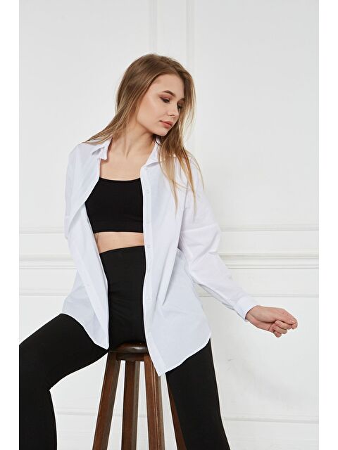 Comstar Kadın Oversize Uzun Basic Beyaz Gömlek