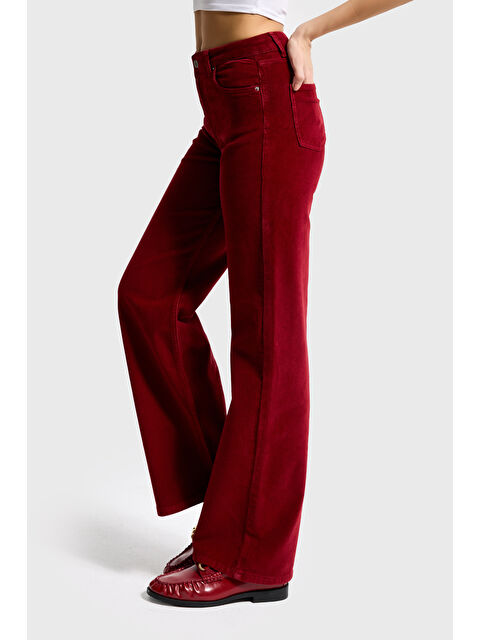 It's Basic Kadın Bordo 29w5-35 Straight Cropped Fit Elastan Velvet Kadife Kumaş Pantolon - S000487117-19951