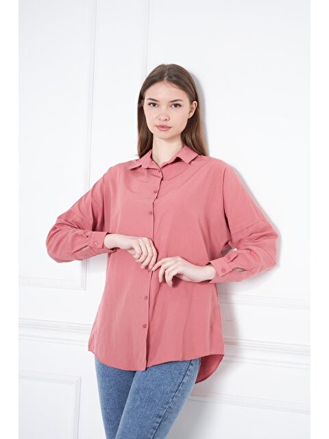 Comstar Kadın Oversize Uzun Basic Pembe Gömlek