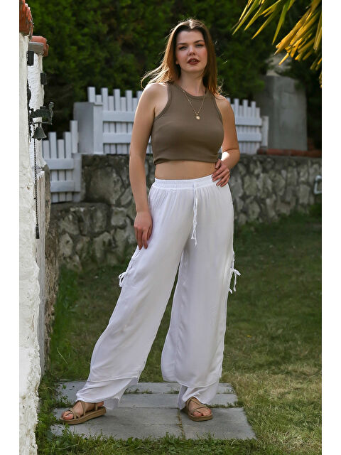 Chiccy Beyaz İnce Astarlı Yanları Bağlamalı Lastikli Ve Bağlamalı Bel Geniş Paça Dokuma Pantolon 110 58 - S000367655-20063