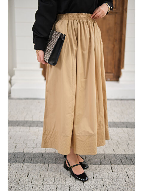 Locco Moda Kadın Beli Lastikli Kırışık Etek Krem - S000526978-19966