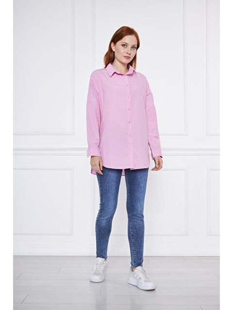 Comstar Kadın Oversize Uzun Basic Fuşya Gömlek