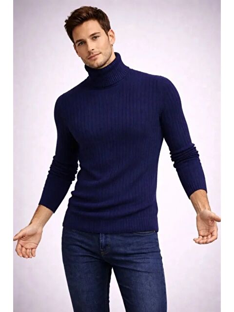 Jane's Erkek Balıkcı Yaka Bağazlı Triko Kazak Pamuklu Kalın Fitilli Dokuma, Regular Fit Uzun Kollu Kışlık M