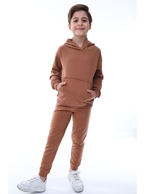 ZUZUNGA Basic Kapüşonlu 2 İplik Şardonlu Kanguru Cepli Çocuk Eşofman Takımı 3-10 Yaş Haki - S000529935-19413