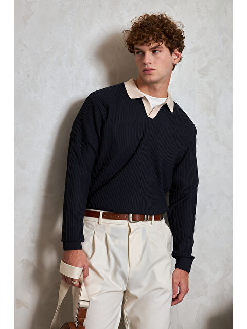 HYMAN Erkek Polo Yaka Nopeli Oversize Triko Kazak - S000515483-21164