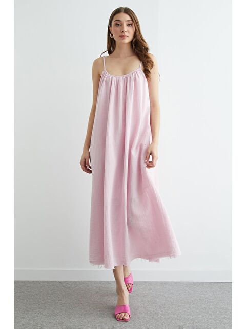 Fullamoda Basic Askılı Etek Ucu Yırtık Müslin Elbise - S000504006-20024