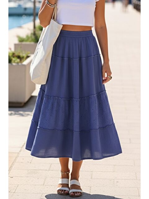 Chiccy Saks Mavisi Eteği Fırfırlı Brodeli Lastikli Bel Casual Müslin Uzun Dokuma Etek 92 65