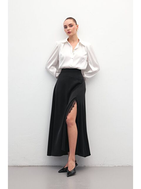 SATEEN Dantel Detaylı Saten Etek - Siyah - S000526980-19351