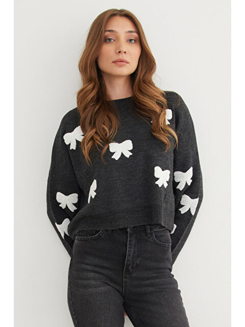 Fullamoda Kurdele Nakışlı Bisiklet Yaka Oversize Triko Kazak - S000435591-29666