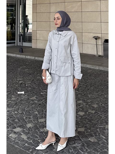 Lamelif Cep Detaylı İkili Etek Tesettür Takım Gri - S000515296-20600
