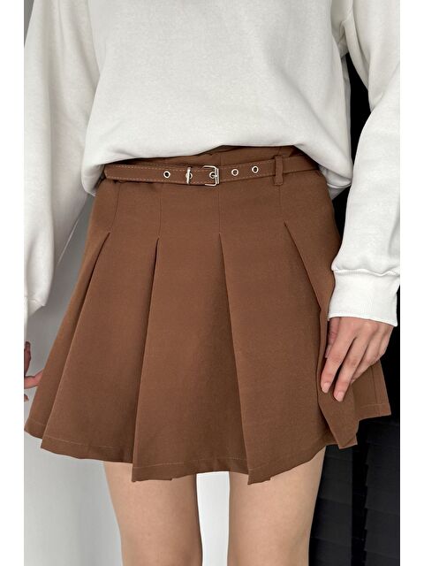 Gülseli Kadın Kemer Aksesuarlı Fermuarlı Pileli İçi Şortlu Mini Etek - S000482856-14955