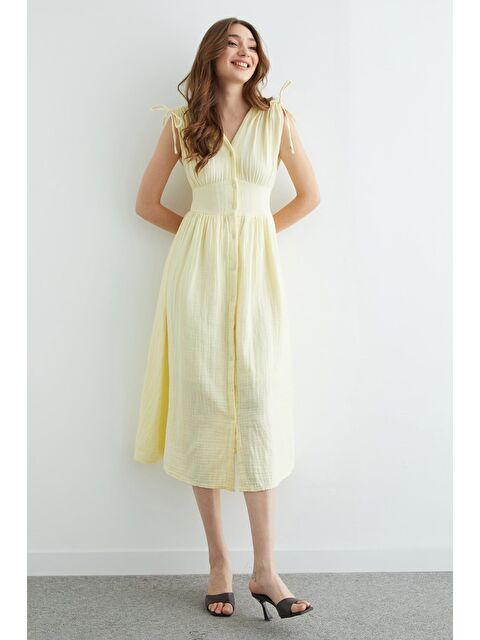 Fullamoda Omuz Bağcıklı Düğmeli Müslin Elbise - S000503997-20072