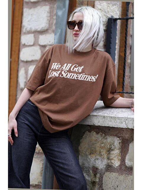 Madmext Kahverengi Baskılı Oversize Tişört Mg1532
