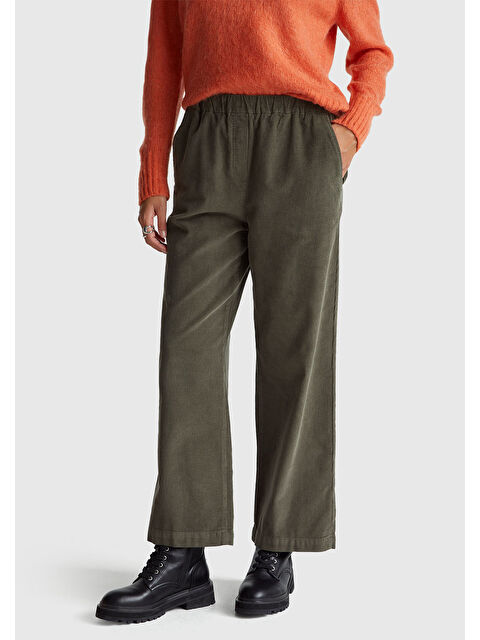 United Colors Of Benetton Kadın Haki %100 Pamuk Beli Lastikli Wide Leg Kadife Pantolon - S000481929-18547