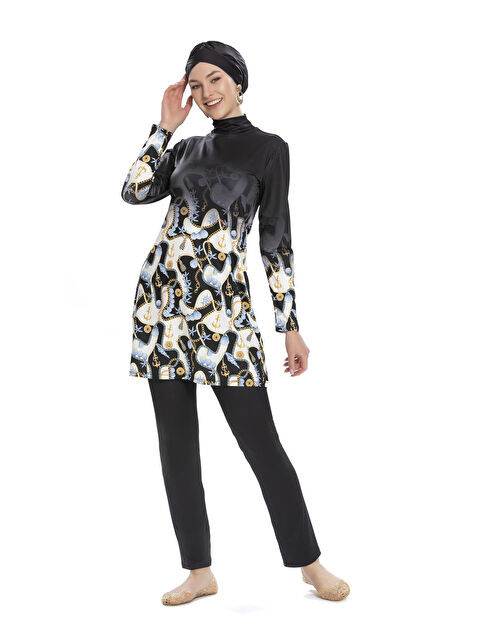 Hazelin Kadın Siyah Desenli Uzun Kollu Tesettür Mayo HZL25S-AR272-02 - S000353888-19351