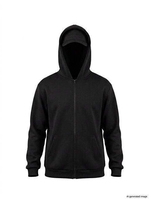 Jane's Samuray Ninja Çift Kapüşonlu ZIP Fermuarlı Kanguru Çepli Tam Fermuarlı Hoodie Swetshirt - Siyah