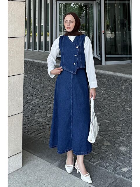 Lamelif Kruvaz Kapama Jean Etekli Takım Mavi - S000515487-17234