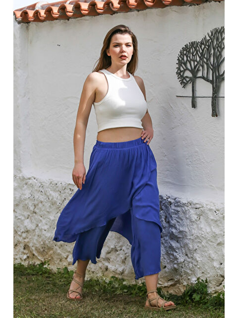 Chiccy Mavi İnce Çift Katlı Lastikli Bel Geniş Paça Casual Dokuma Pantolon 100 60 - S000367659-17234