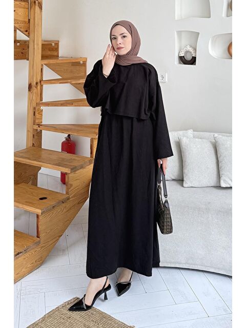 Lamelif Etekli Tesettür Takım Siyah - S000515385-19351