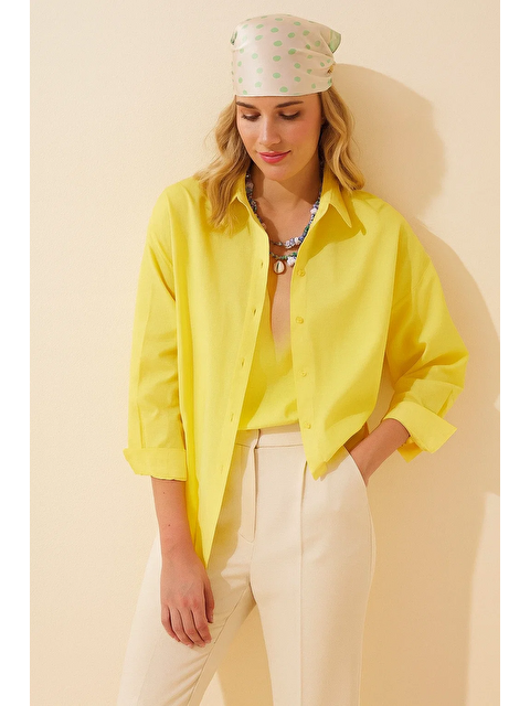 Comstar Kadın Oversize Uzun Basic Sarı Gömlek