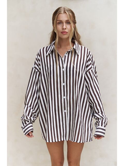 Mai Collection Rosy Transparan Çizgili Kahve Oversize Gömlek - S000388207-19413
