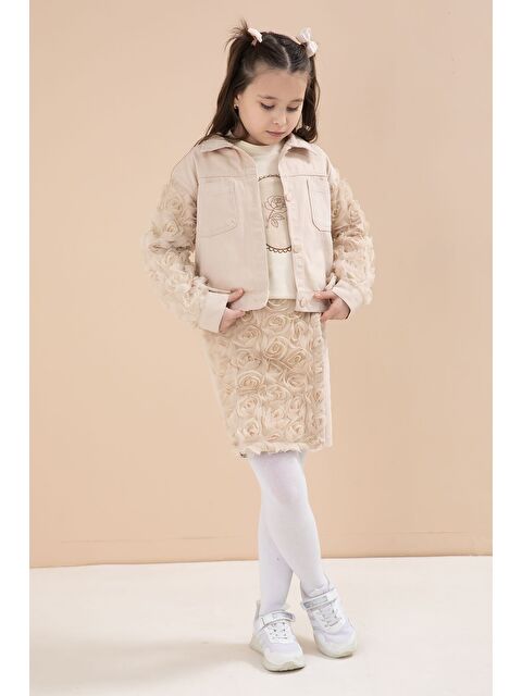 Cansın Mini Bej Gül Detaylı Şort Etekli ve Ceketli Kız Çocuk 3lü Badili Takım 23611 - S000510902-19928