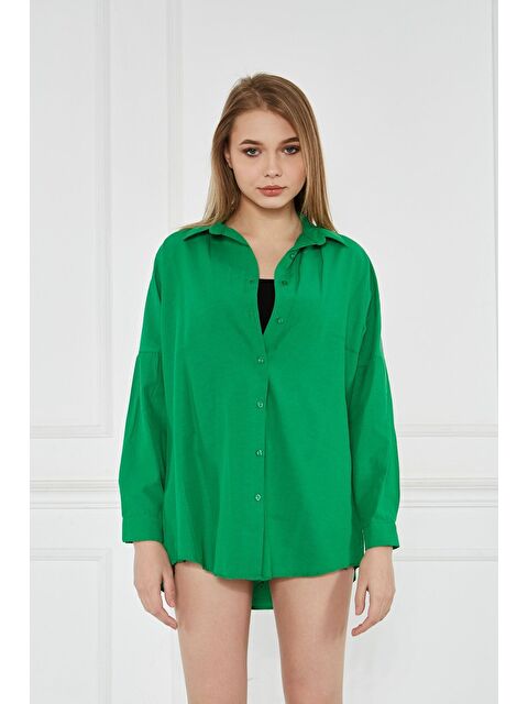 Comstar Kadın Oversize Uzun Basic Yeşil Gömlek