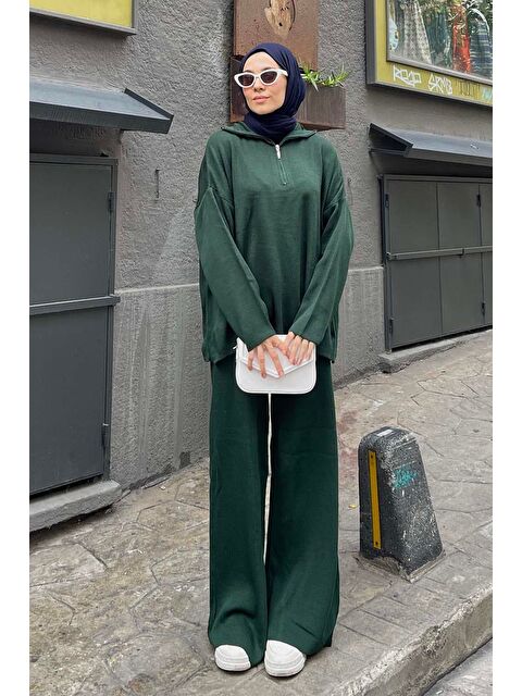 Lamelif Selanik Pantalonlu Tesettür Takım Zümrüt Yeşili