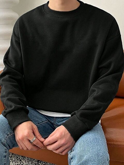 Trendseninle Erkek Siyah Baskısız Bisiklet Yaka Regular Sweatshirt - S000501588-19351