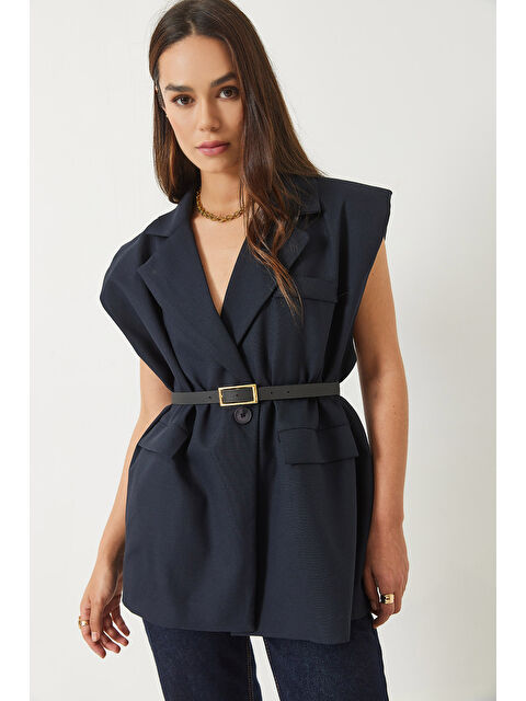 SHADE Kadın Cep Detaylı Kemerli Vatkalı Oversize Astarlı Blazer Yelek - S000376563-21164