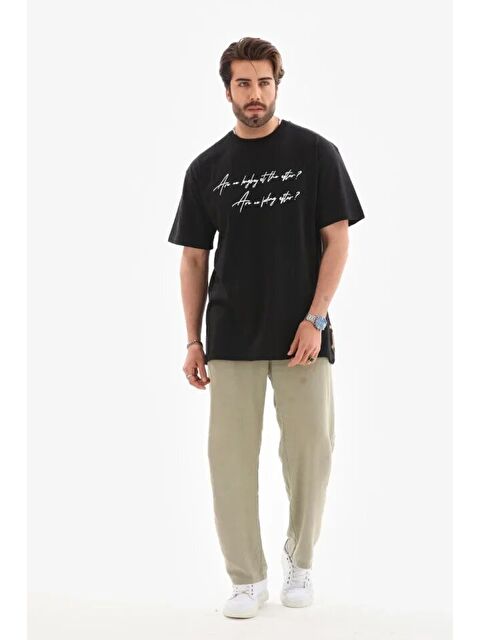 Jane's Unisex Bisiklet Yaka Baskılı Oversize T-Shirt - Siyah