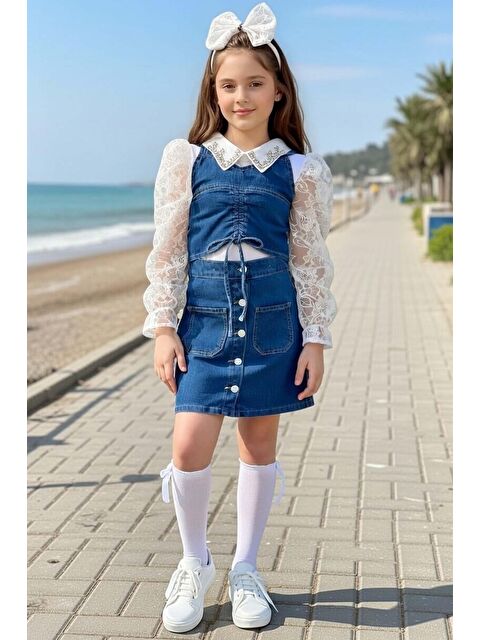 Riccotarz Kız Çocuk Çıkarılabilir Taş Detaylı Yaka Kolları Dantel ve Şeffaf Tüllü Bluz ve Jean Etekli Takım - S000510938-17234