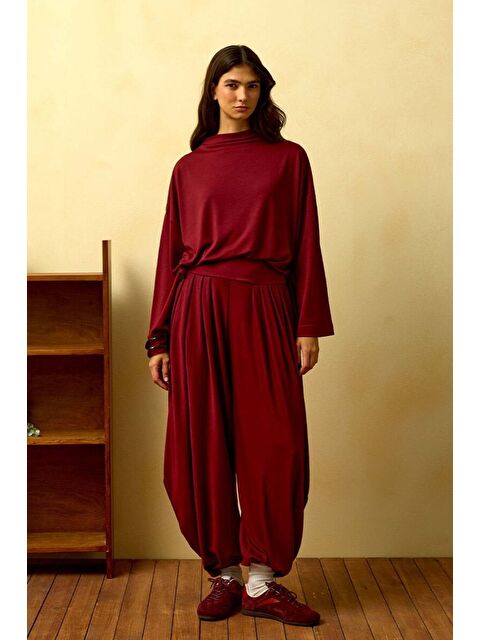 Ceylan Otantik Bordo Düz Yaka Şalvar Pantolon Takım - S000485834-19951