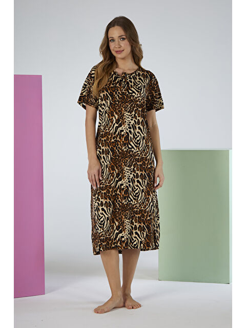 Remsa Kadın Kısa Kol Viskon Elbise Pijama 25237-1 Kahverengi01