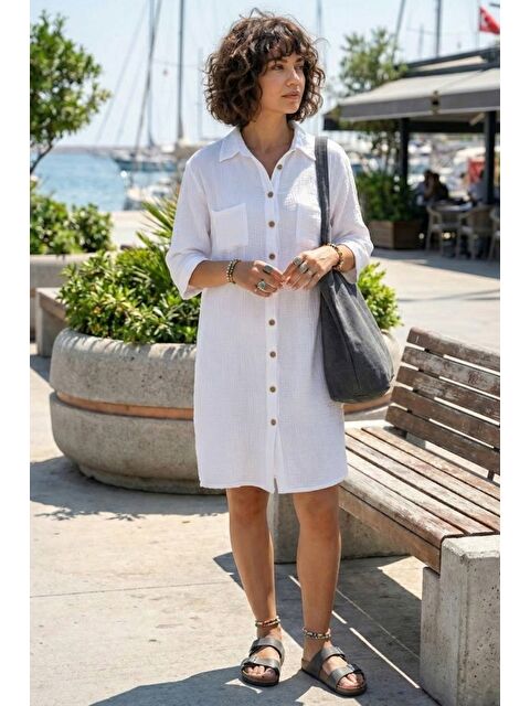 Chiccy Beyaz Gömlek Yaka Kısa Kol Çift Cepli Casual Müslin Dokuma Elbise 95 65