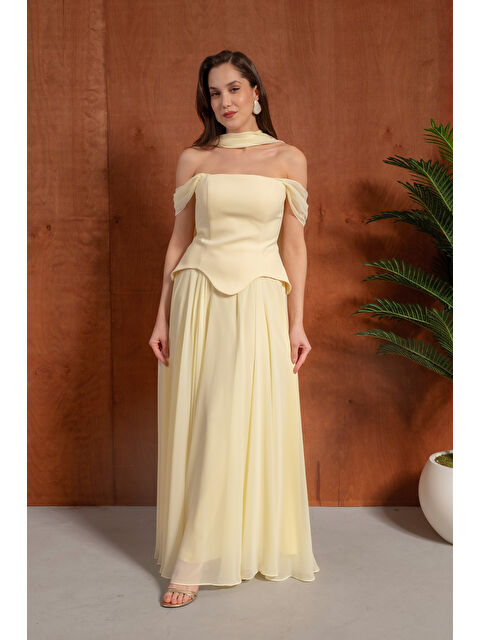 Lafaba Kadın Sarı Dar Kalıp Şal Yaka Straplez Söz Nişan Abiye Elbise