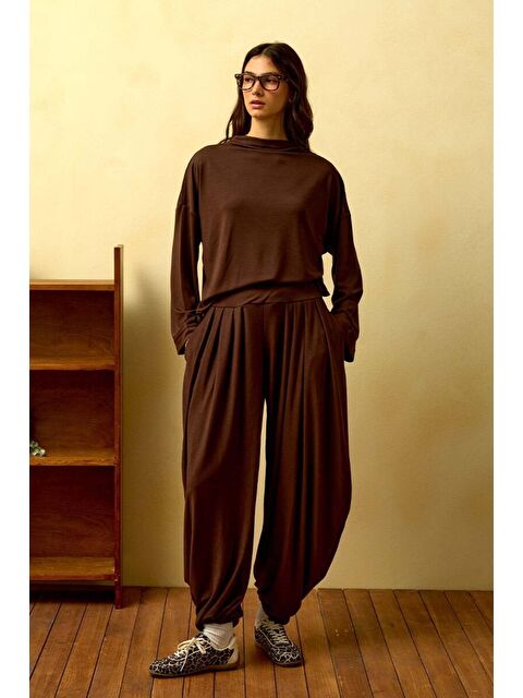 Ceylan Otantik Acı Kahve Düz Yaka Şalvar Pantolon Takım - S000485834-28102