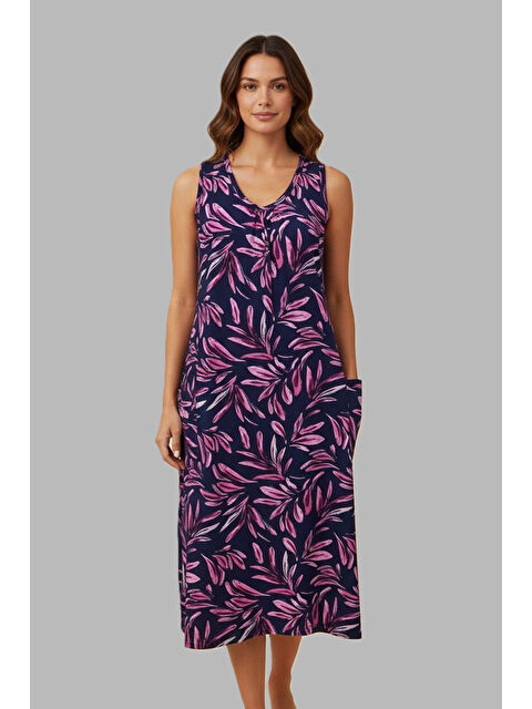 Remsa Kadın Sıfır Kol Viskon Elbise Pijama 25235-3 Koyu Lacivert