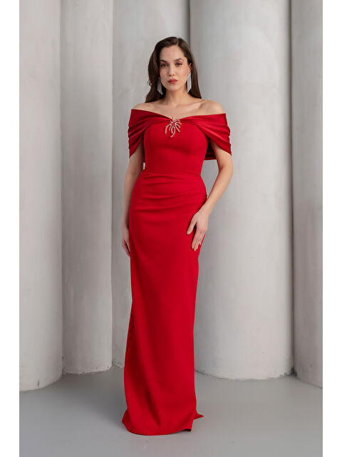 Lafaba Kadın Bordo Dar Kalıp Aksesuar Detay Uzun Söz Nişan Nikah Abiye Elbise