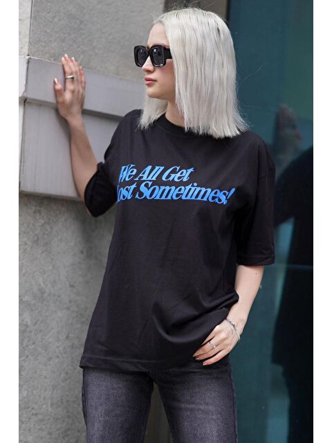 Madmext Siyah Baskılı Oversize Tişört Mg1532