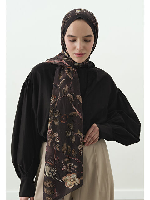 Fresh Scarfs FLOWER RAIN DESENLİ PAMUK VİSKON ŞAL KAHVE - S000514036-28102
