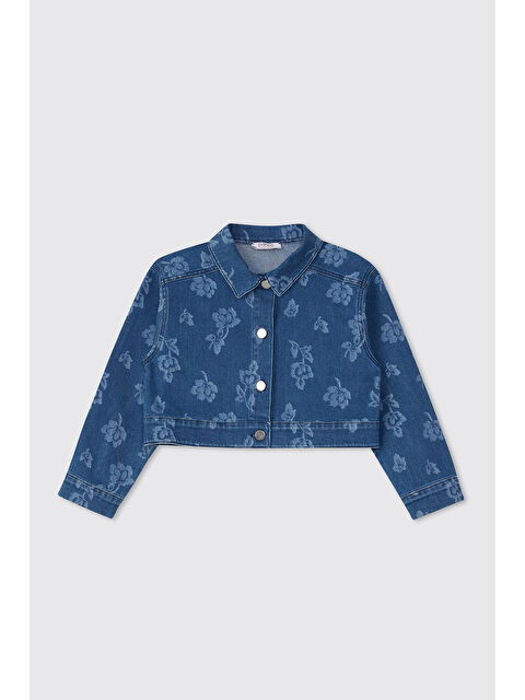 Panço Kız Çocuk Çiçek Desenli İndigo Jean Ceket - S000526080-23093