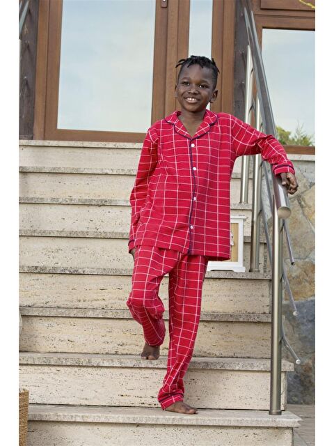 Vitmo Erkek Çocuk Uzun Kollu Düğmeli Pijama Takımı Mia Kareli Kırmızı - S000332881-20045