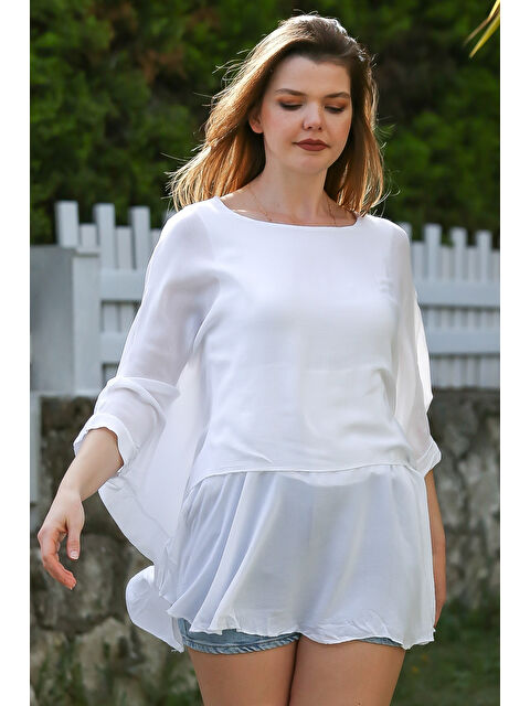 Chiccy Beyaz Havuz Yaka Yarasa Kol İnce Astarlı Çift Katlı Casual Oversize Dokuma Bluz 75 85 - S000367650-20063