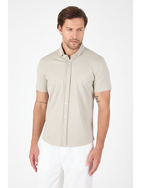 İMZA Taş Rengi Kısa Kol Düğmeli Yaka Cepsiz Performans Ürün Slim Fit Büyük Beden Gömlek 1004250256 - S000426844-25636