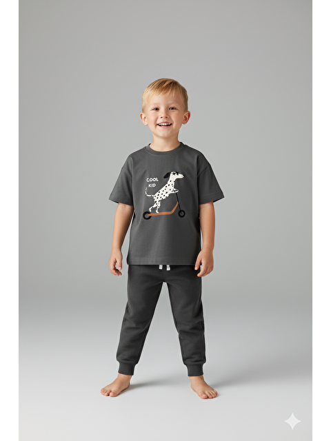 Monila Erkek Çocuk Antrasit Köpek Baskılı Pamuklu Jogger Pantolonlu Alt Üst Takım - S000514990-29666