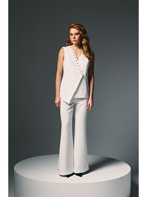 SATEEN Yanları İnci Aksesuarlı Pantolon - Ekru - S000497824-19965