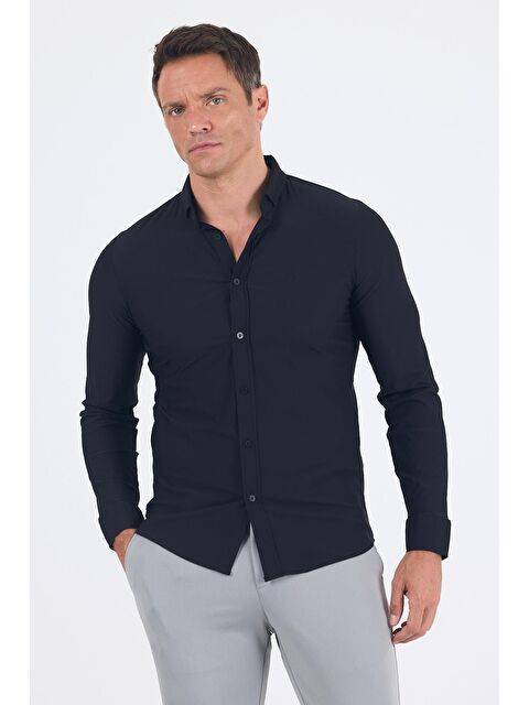 İMZA Siyah Smart Düğmeli Yaka Uzun Kol Cepsiz Slim Fit Esnek Gömlek Gömlek 1004250252 - S000401280-19351