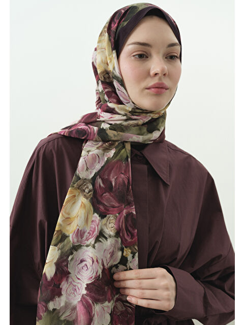 Fresh Scarfs ROSE BREEZE DESENLİ PAMUK VİSKON ŞAL MÜRDÜM - S000514041-20036