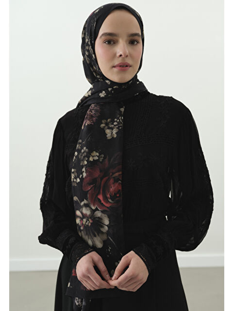 Fresh Scarfs MIDNIGHT ROSE DESENLİ PAMUK VİSKON ŞAL SİYAH - S000514043-19351